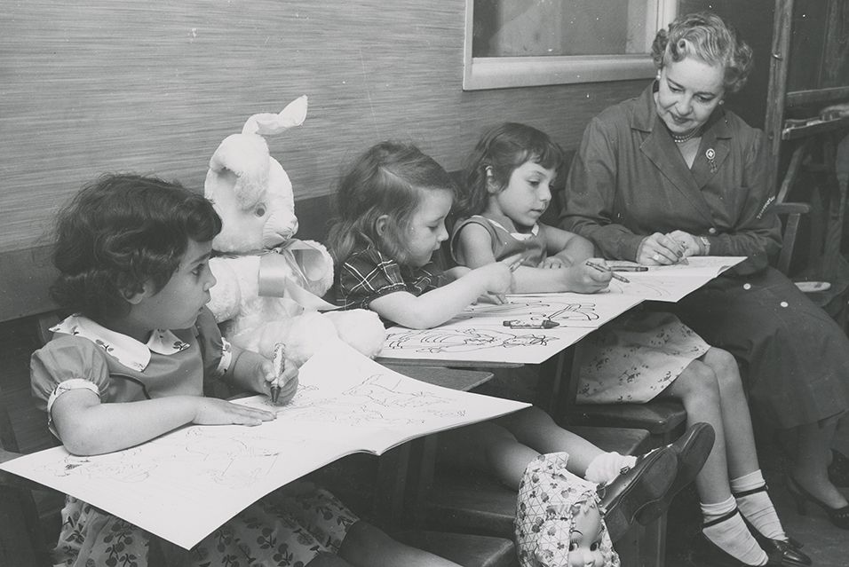 1956: Children attend a visiting hours playgroup sponsored by The Society of MSK.